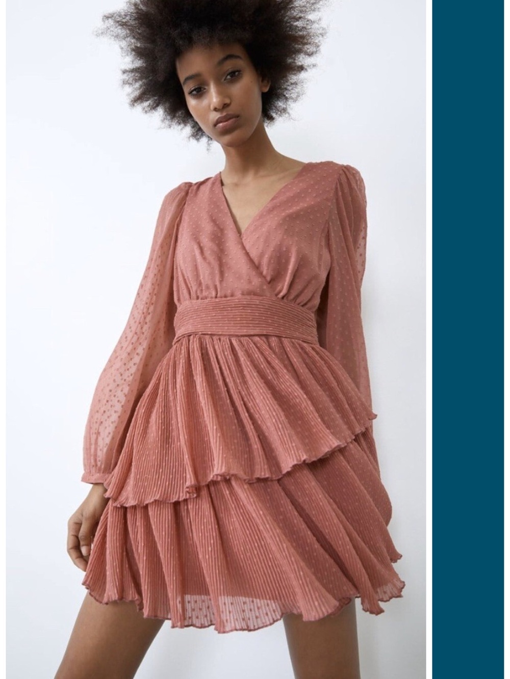 Zara Ruffled Swiss Dot Mesh Plisse Mini Dress in Dusty Pink S EUC Coquette